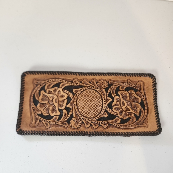 Vintage Tooled Brown Leather Wallet Mens Handmade 1970s Western Boho Cowboy 70s - Picture 5 of 9